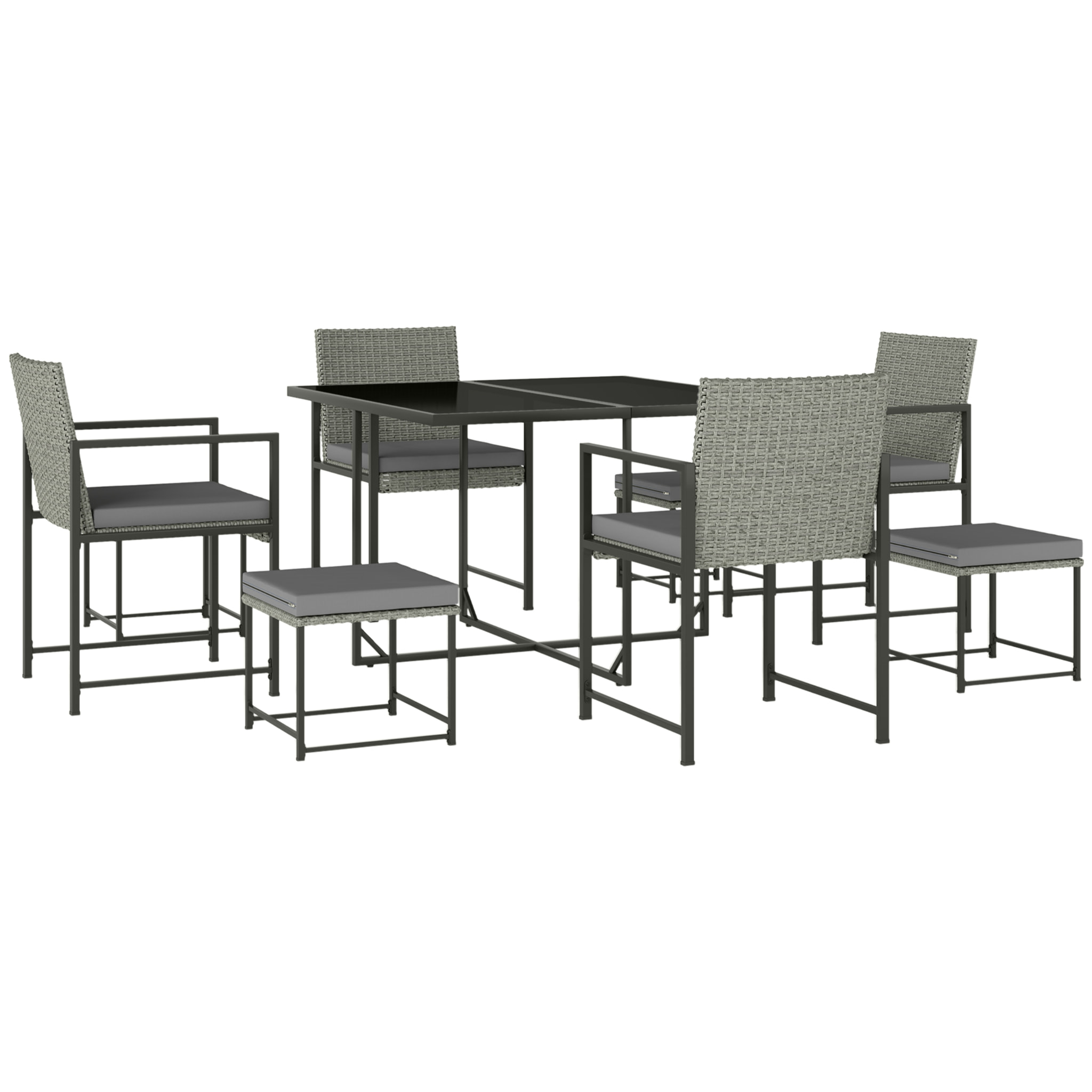 Ensemble salon de jardin 8 places 9 pièces - 4 fauteuils, 4 tabourets, table à manger - acier résine tressée gris