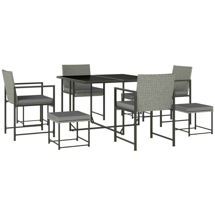 Ensemble salon de jardin 8 places 9 pièces - 4 fauteuils, 4 tabourets, table à manger - acier résine tressée gris