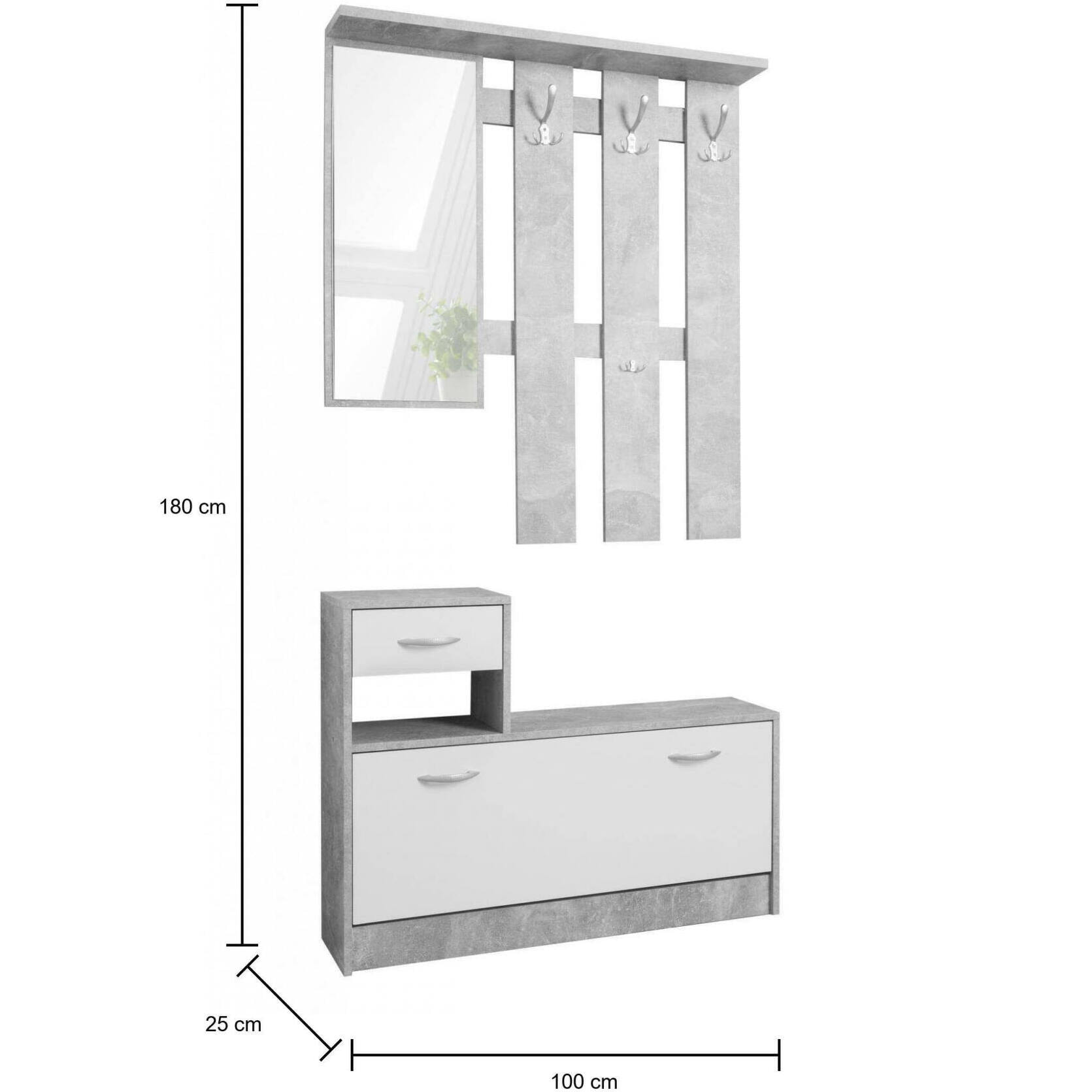 Mobile da ingresso con specchiera, entratina per atrio con scarpiera, Svuotatasche per piccoli appartamenti, cm 100x25h180, colore Bianco e Cemento