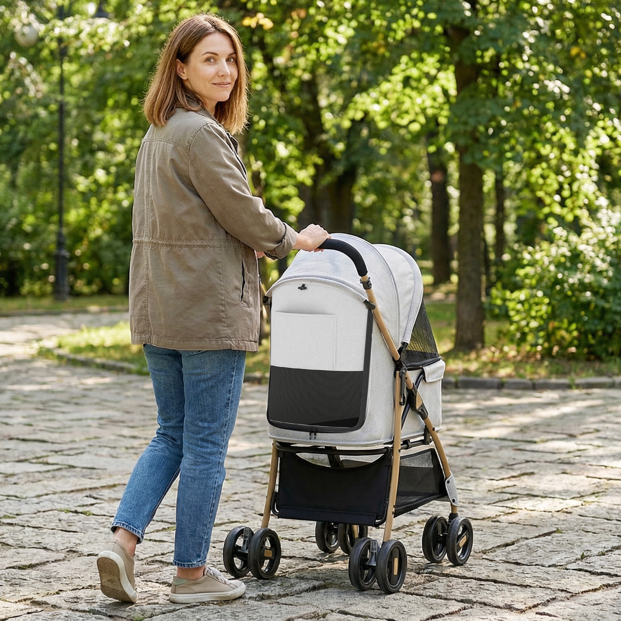 Carrito para Perros Plegable Cochecito para Mascotas con 2 Puertas Ventana de Malla Cesta de Almacenamiento Cuerda de Seguridad y Cojín Carga 15 kg 80x44,5x97 cm Gris Claro