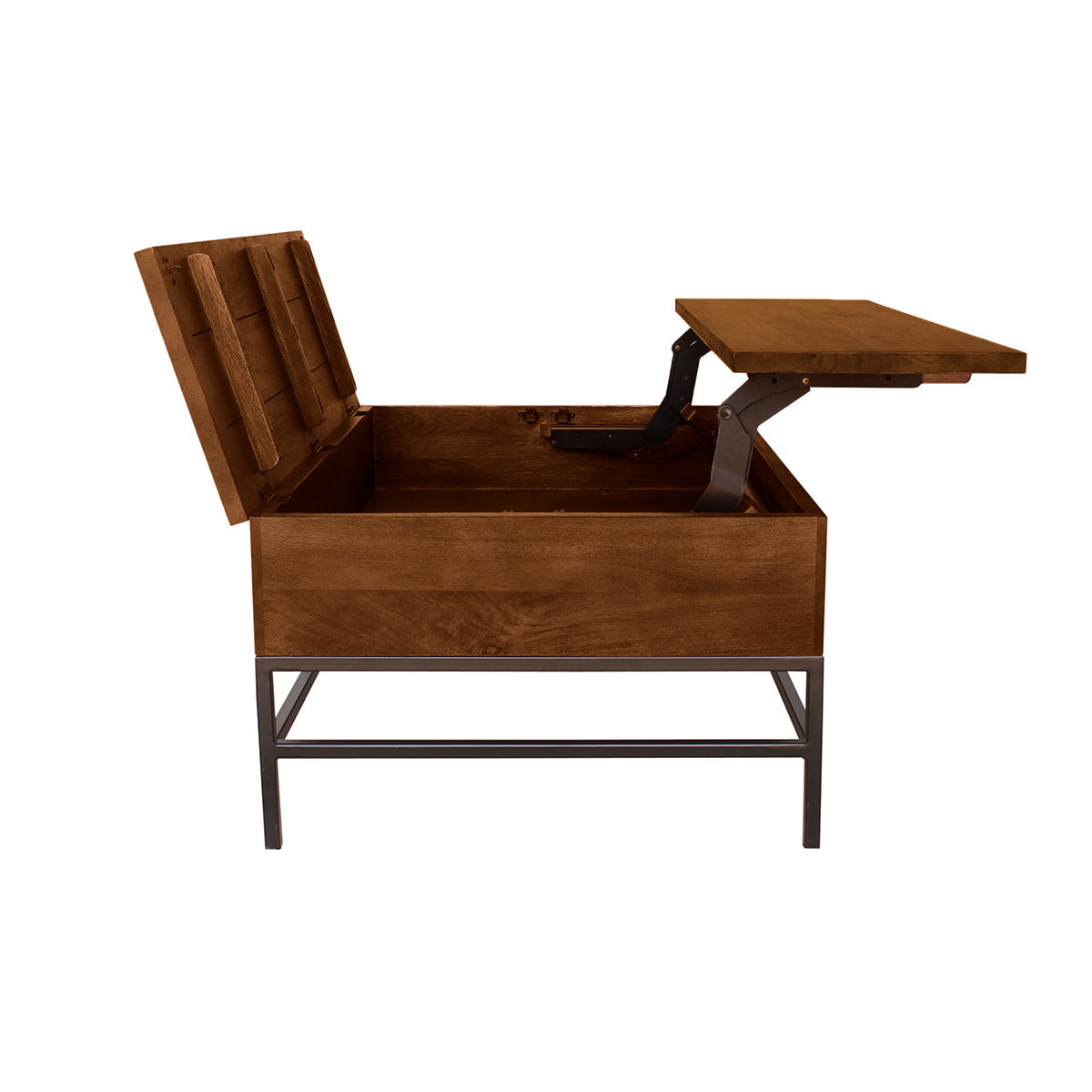 Table basse relevable industrielle bois manguier massif teinté et métal noir L110 cm YPSTER