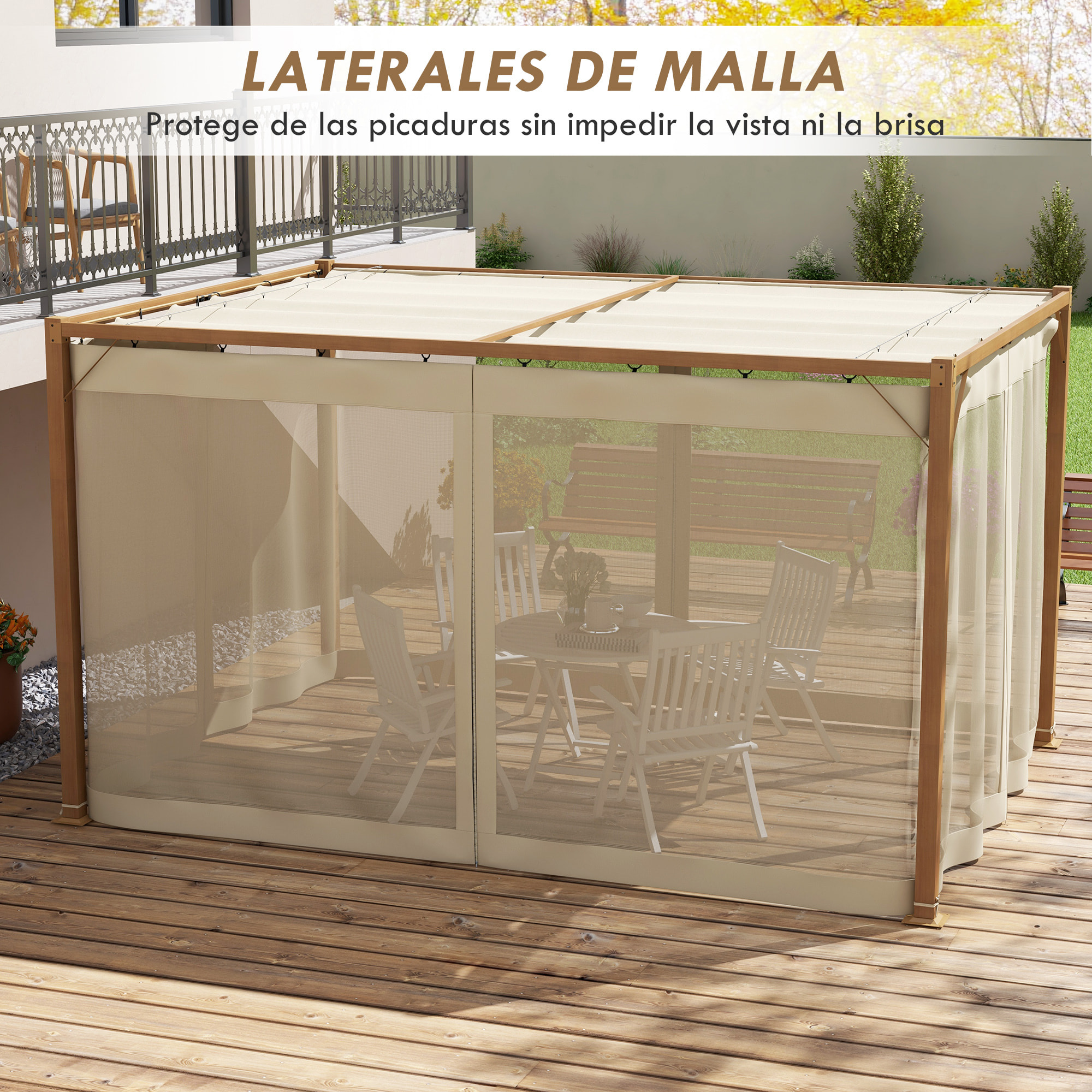 Pérgola de Jardín 4x3 m con Marco de Aluminio Cenador para Exterior con Techo Retráctil Mosquiteras Laterales de Malla para Terraza Patio Natural