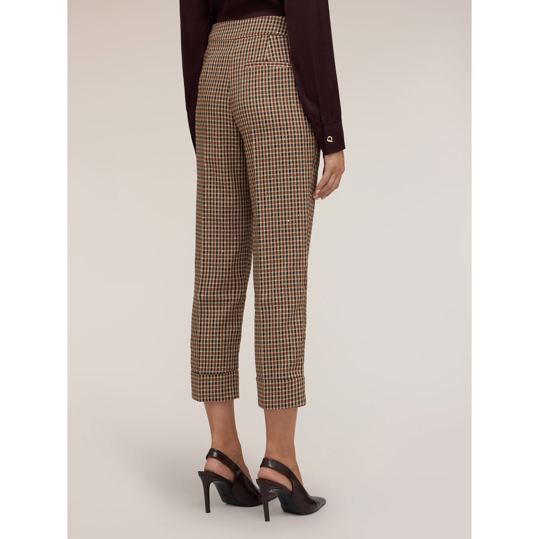 Motivi - Pantaloni cropped fantasia check lurex - Beige