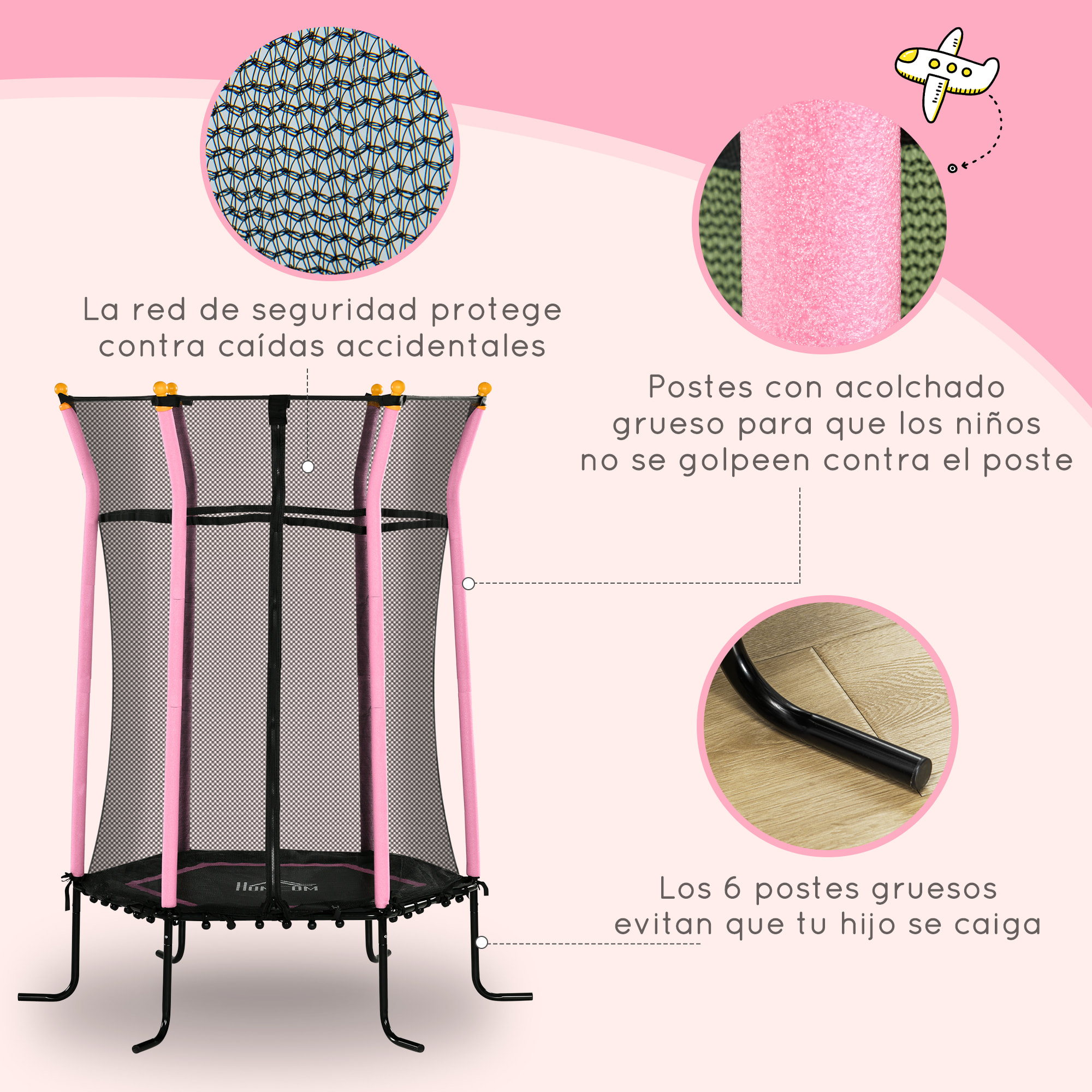 Cama Elástica Infantil de Jardín Ø163,5x190 cm Trampolín para Niños de +3 Años con Red de Seguridad y Marco de Acero para Interior Exterior Carga 50 kg Negro y Rosa