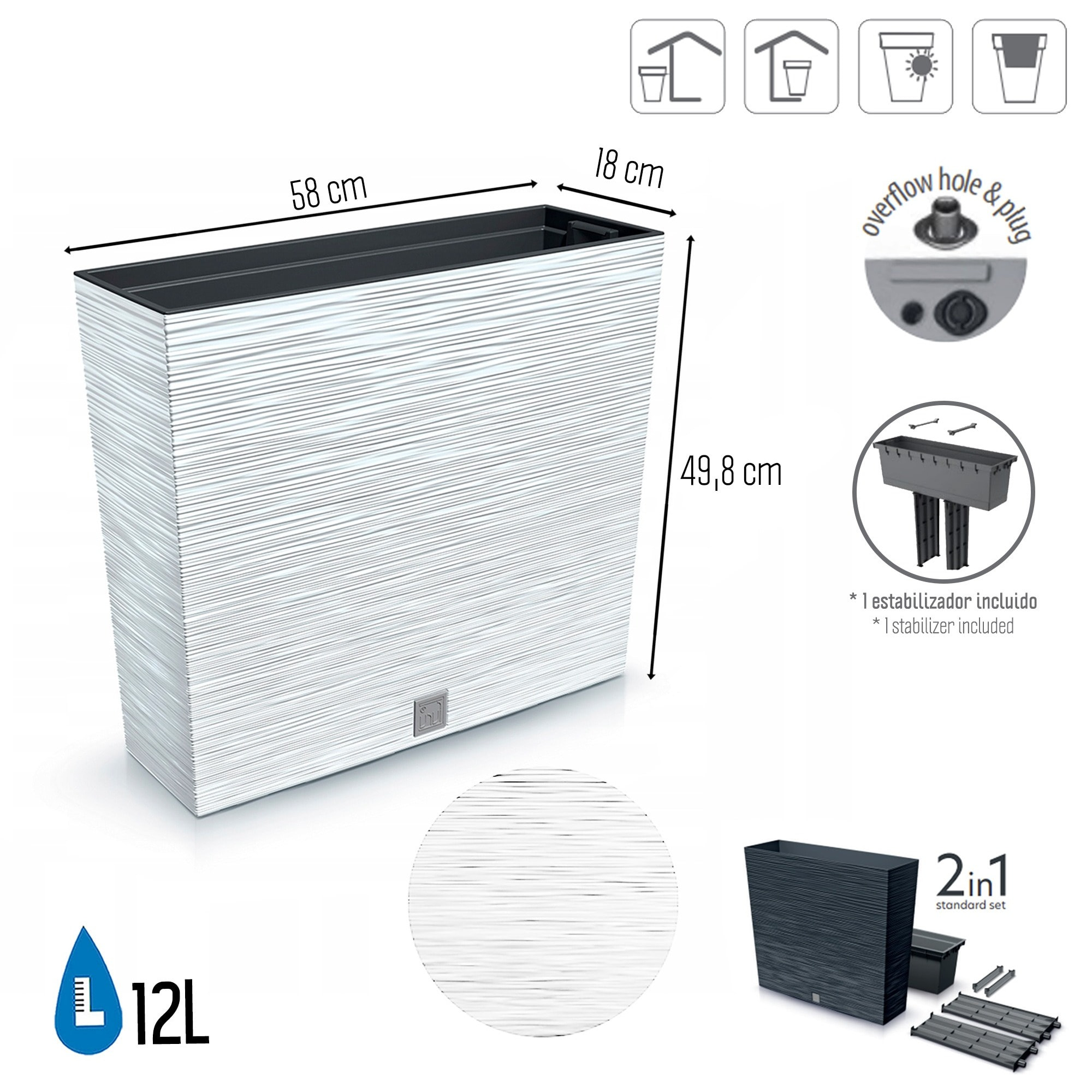 Macetero color blanco, con depósito, colección FURU, de 58 x 18 x 49,8 cm, capacidad de 12 L.