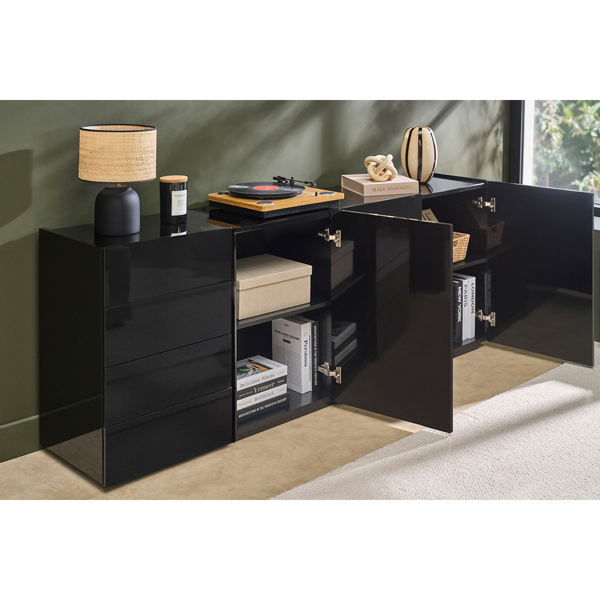 Buffet noir laqué brillant 3 portes 4 tiroirs L200 cm ISAURE