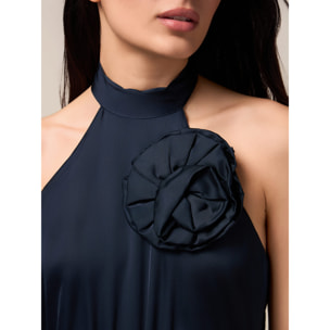 Oltre - Vestito lungo in raso con fiore - Blu