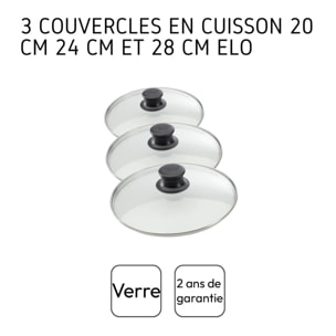 Set de 3 couvercles de cuisson en verre 20 cm 24 cm et 28 cm Elo