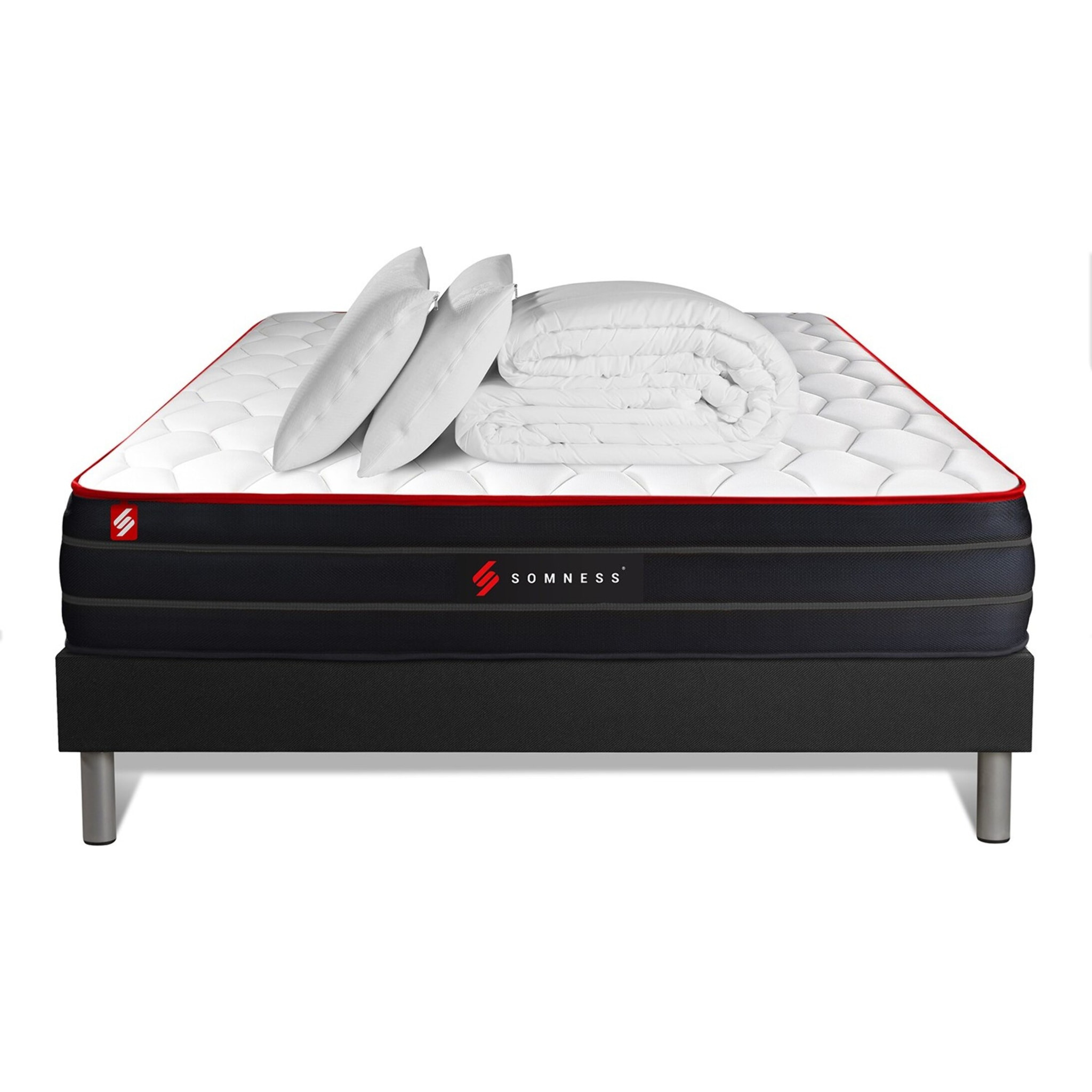 Pack matelas BOOST + sommier noir + Couette + 2 oreillers