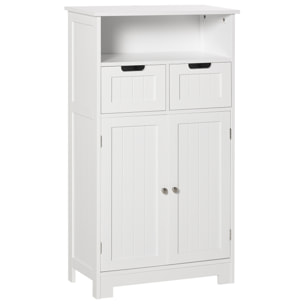 kleankin Armario de Baño con 2 Puertas Estante Ajustable 2 Cajones y Compartimento Abierto Mueble Auxiliar de Almacenaje para Salón Cocina 60x30x108,8 cm Blanco