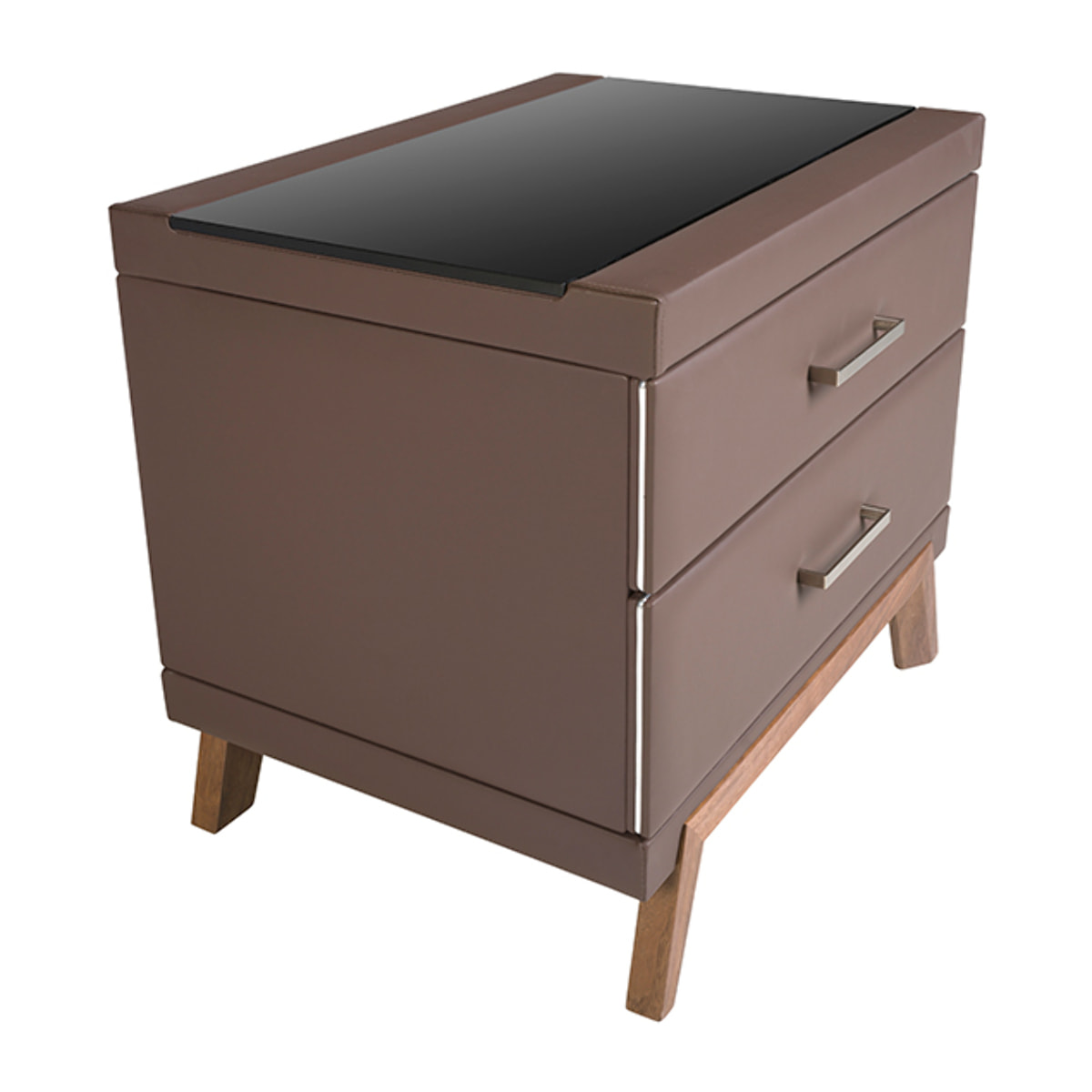 Mesita de noche Angel Cerdá con estructura de madera chapada en nogal natural tapizada en polipiel marrón chocolate y patas de madera chapada en nogal natural tapa de cristal templado tintado en negro 60x46x56cm