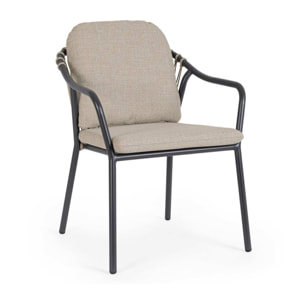 Set 4 sedie da giardino PAMPLONA con cuscini beige, schienale in corda e struttura antracite