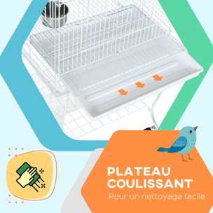 Cage à oiseaux volière sur roulettes - étagère, grille, plateau amovible, 2 bols acier inox, perchoir - acier blanc