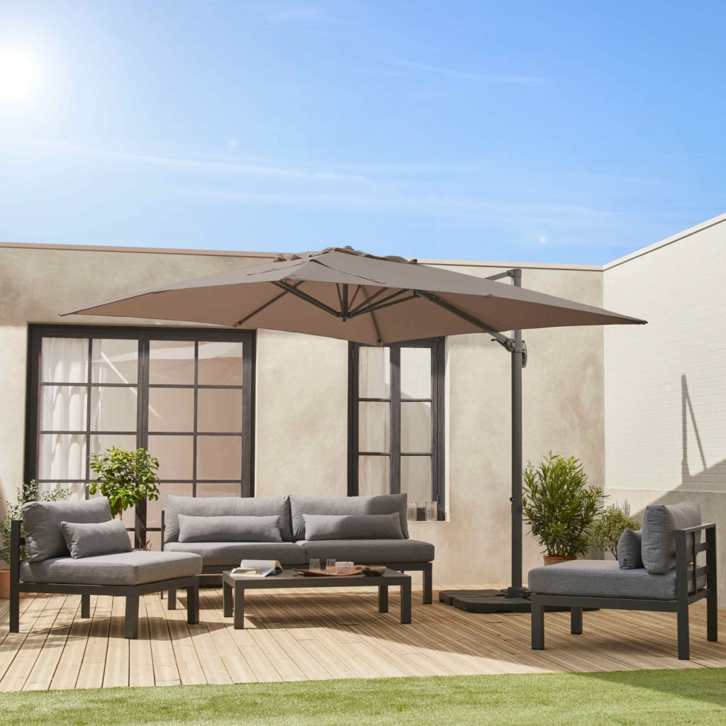 Parasol déporté carré taupe 3x3m structure grise + Lot de 4 dalles à lester 50x50cm