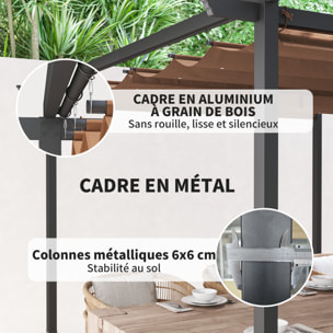 Pergola 3 x 3 m métal toile polyester haute densité 180g/m² UPF30+ coulissante rétractable marron