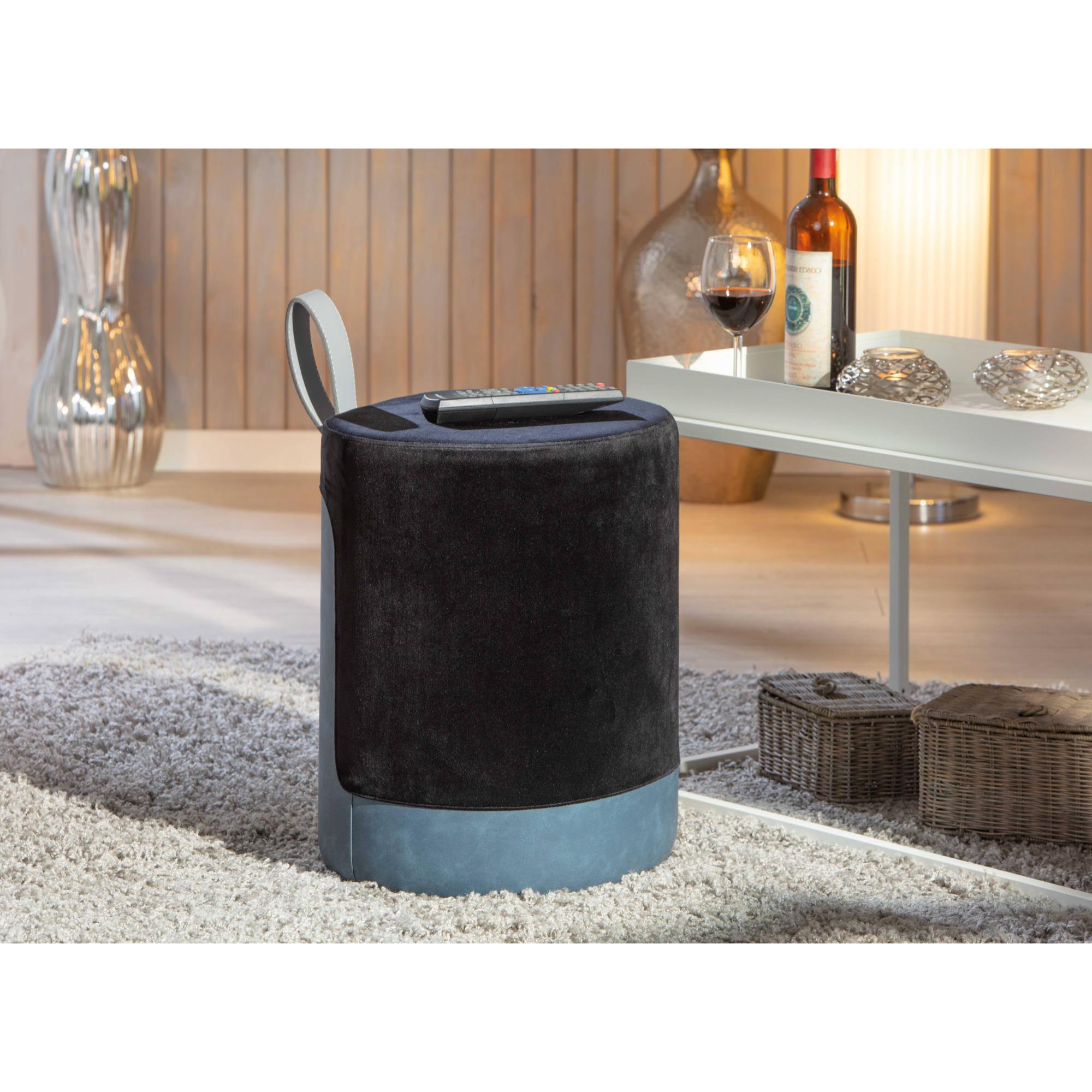 Pouf in velluto nero e azzurro con maniglia in ecopelle, cm 38x32.5x43