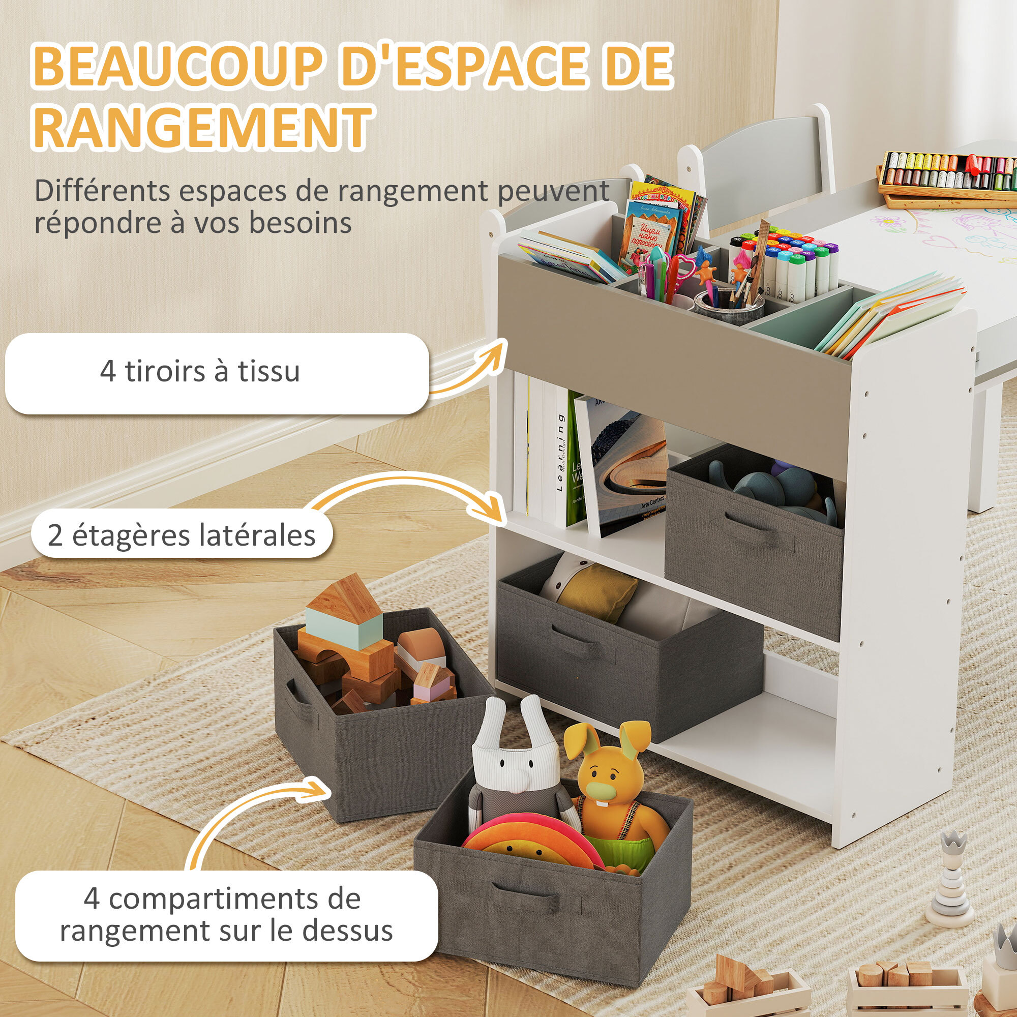 Table enfant avec 2 chaises en bois rouleau de papier étagères tiroirs blanc gris