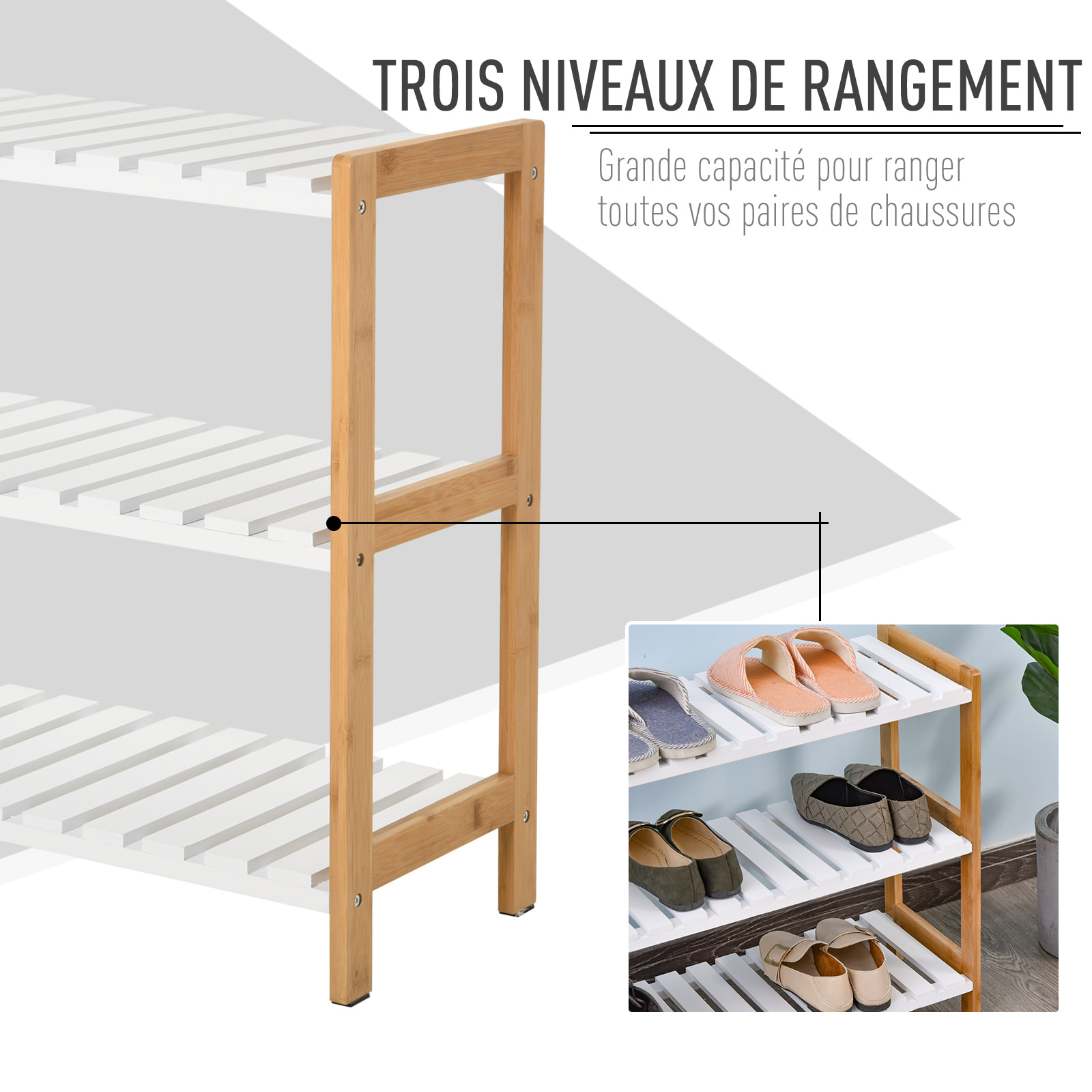 Etagère à chaussures, étagère de rangement, meuble chaussures 3 niveaux bambou MDF blanc