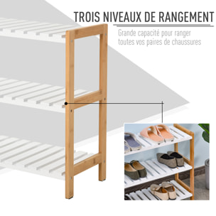 Etagère à chaussures, étagère de rangement, meuble chaussures 3 niveaux bambou MDF blanc
