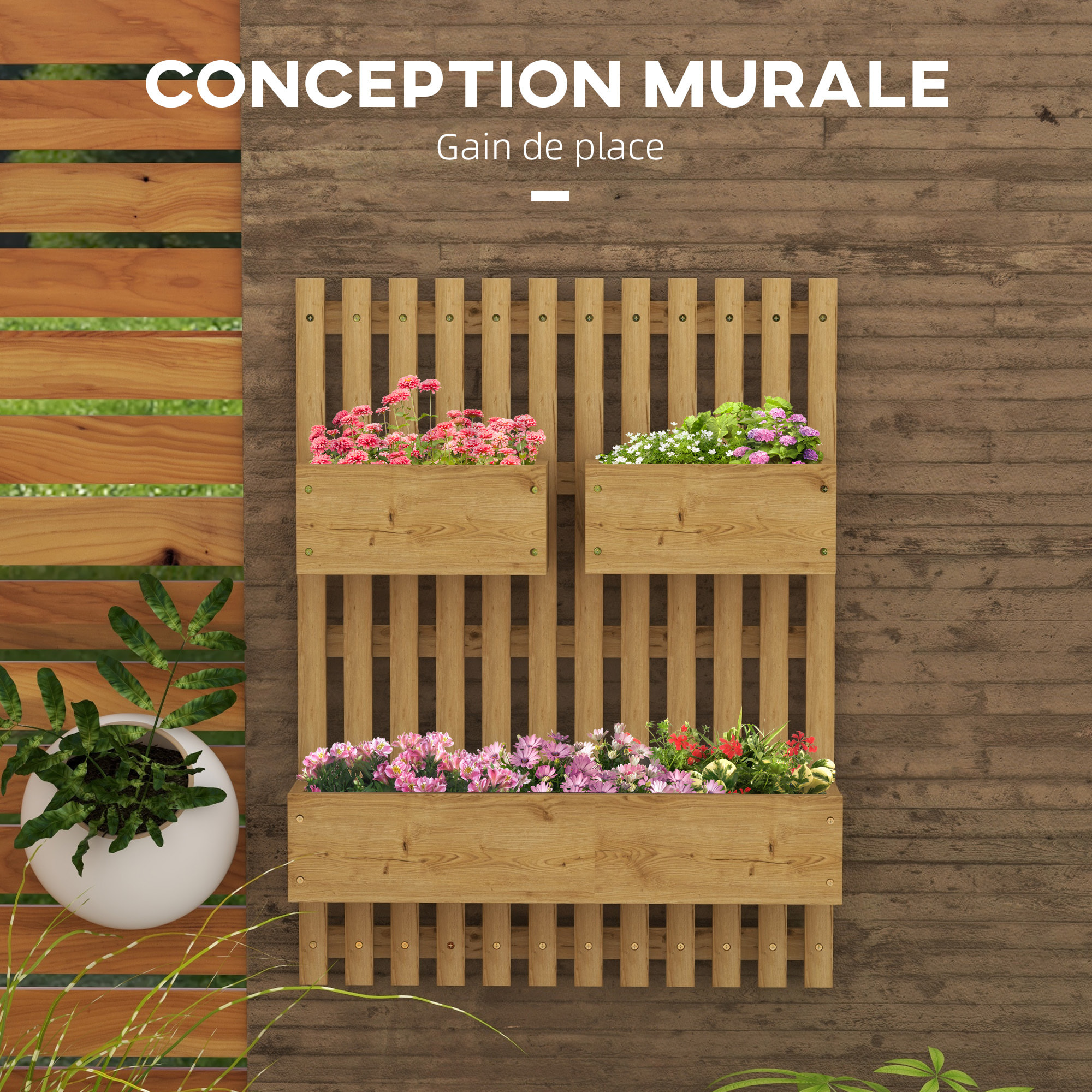 Jardinière murale avec treillis - lot de 3 jardinières murales - dim. 60L x 16l x 80H cm - bois sapin carbonisé