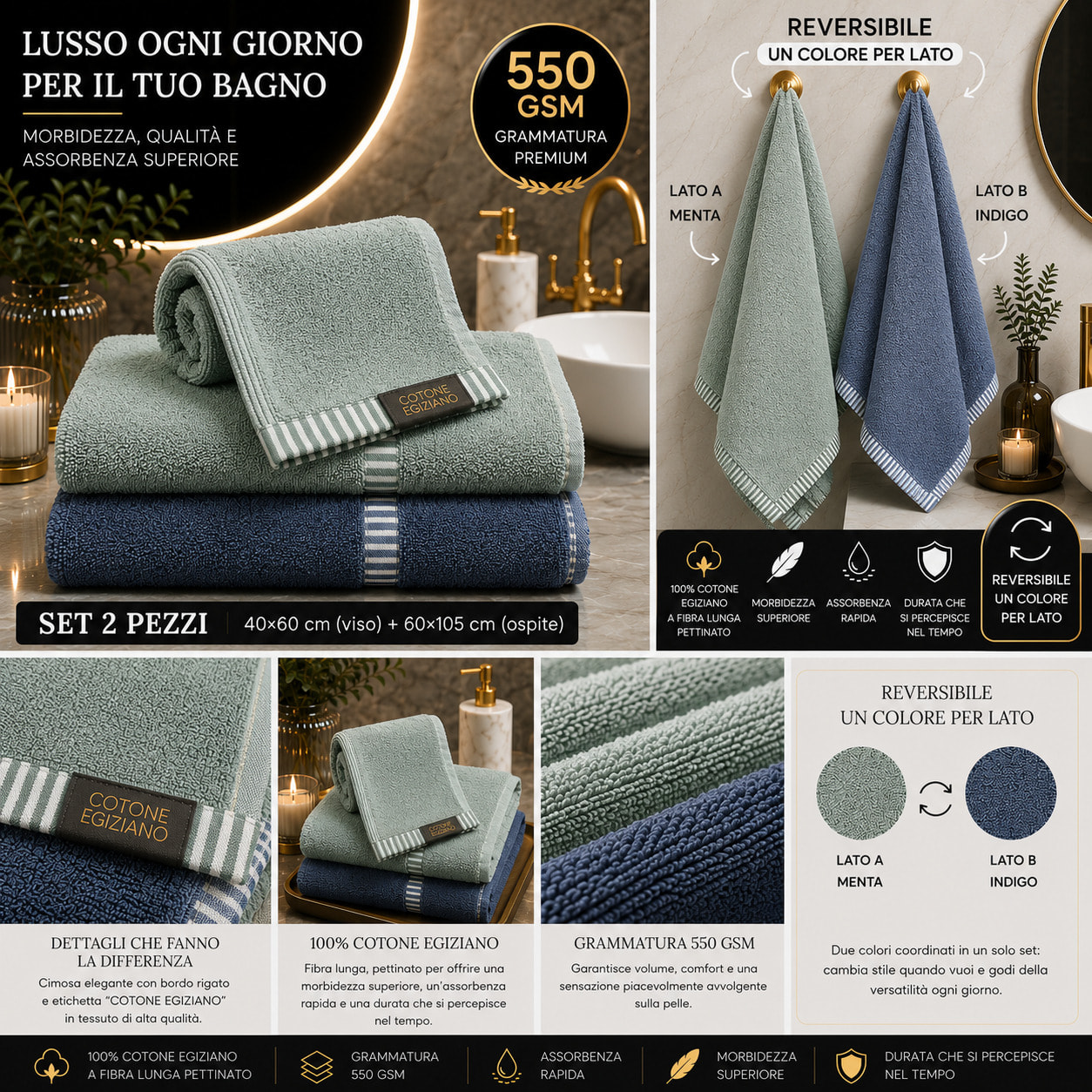 COTONE EGIZIANO Coppia asciugamani Reverse in cotone egiziano 550 gr_Menta Indingo