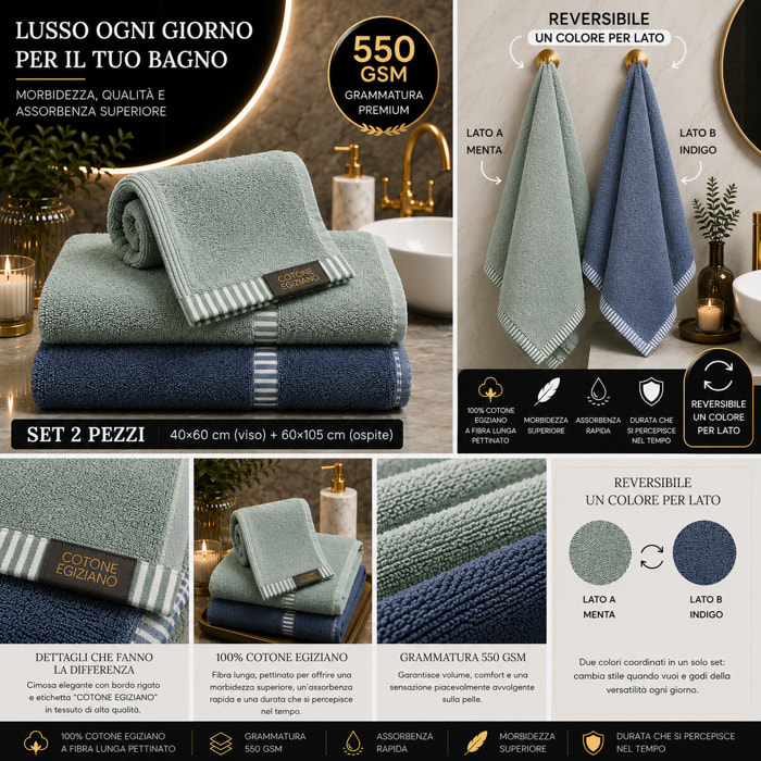 COTONE EGIZIANO Coppia asciugamani Reverse in cotone egiziano 550 gr_Menta Indingo