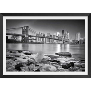 Poster le pont et manhattan Affiche + cadre en bois - Noir