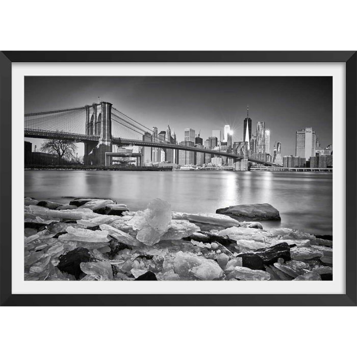 Poster le pont et manhattan Affiche + cadre en bois - Noir