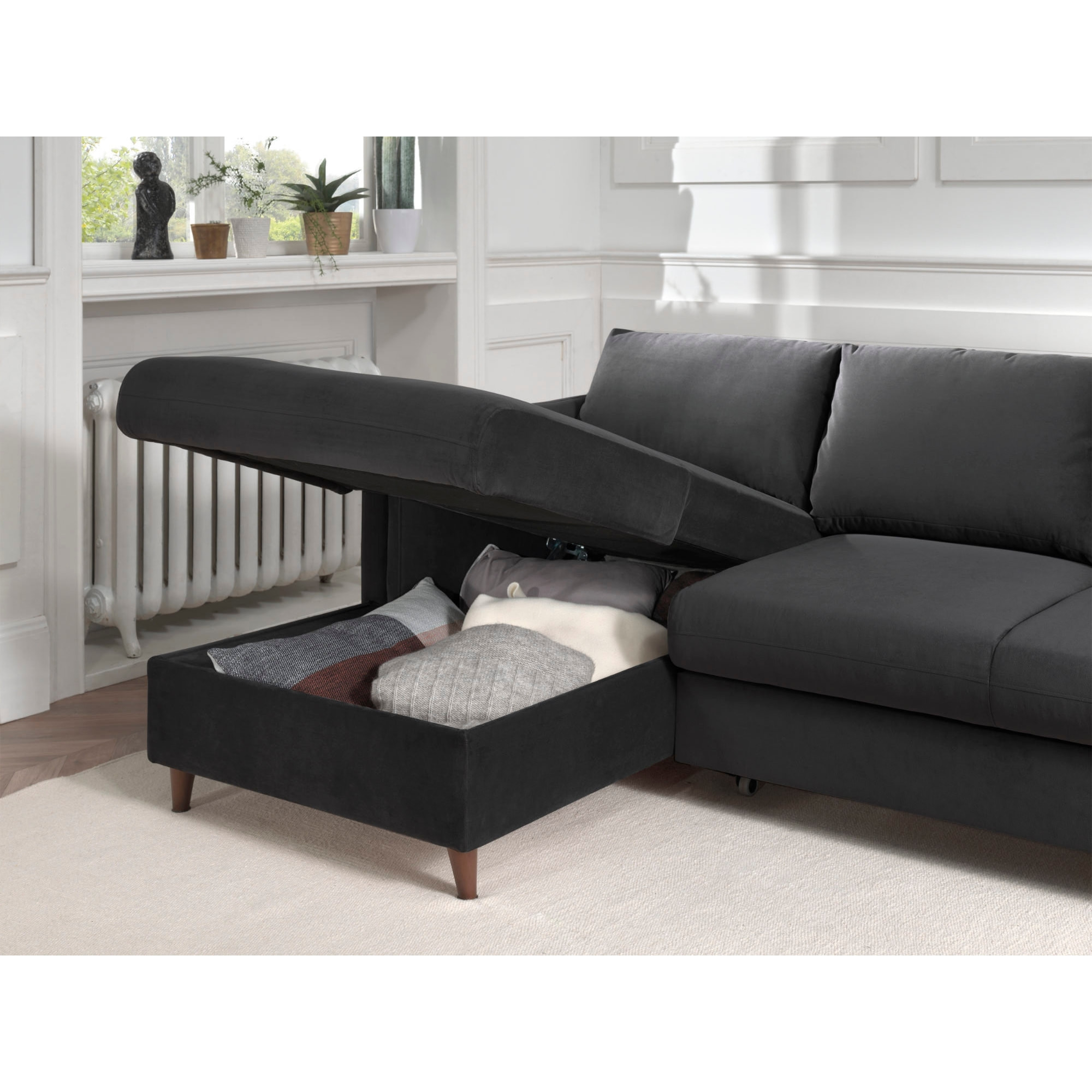 Brooke - canapé d'angle gauche - convertible avec coffre - 4 places - en velours - Gris foncé