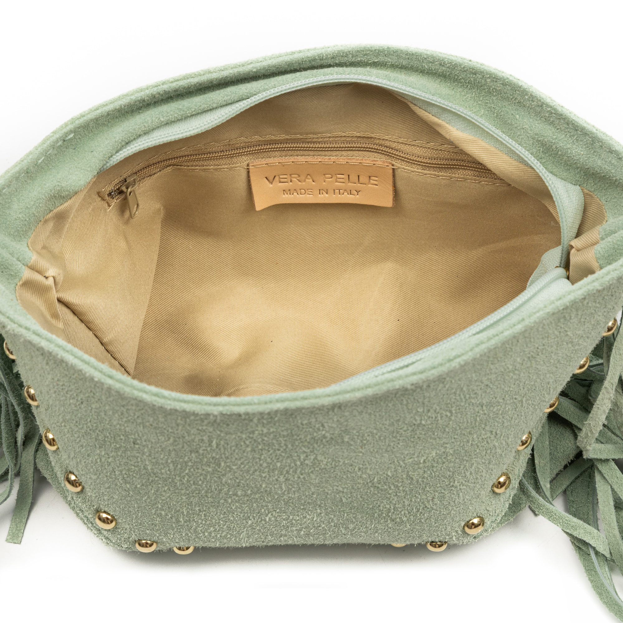 Bellegra Bolso de hombro Mujer. Piel auténtica Gamuza con detalles metálicos.