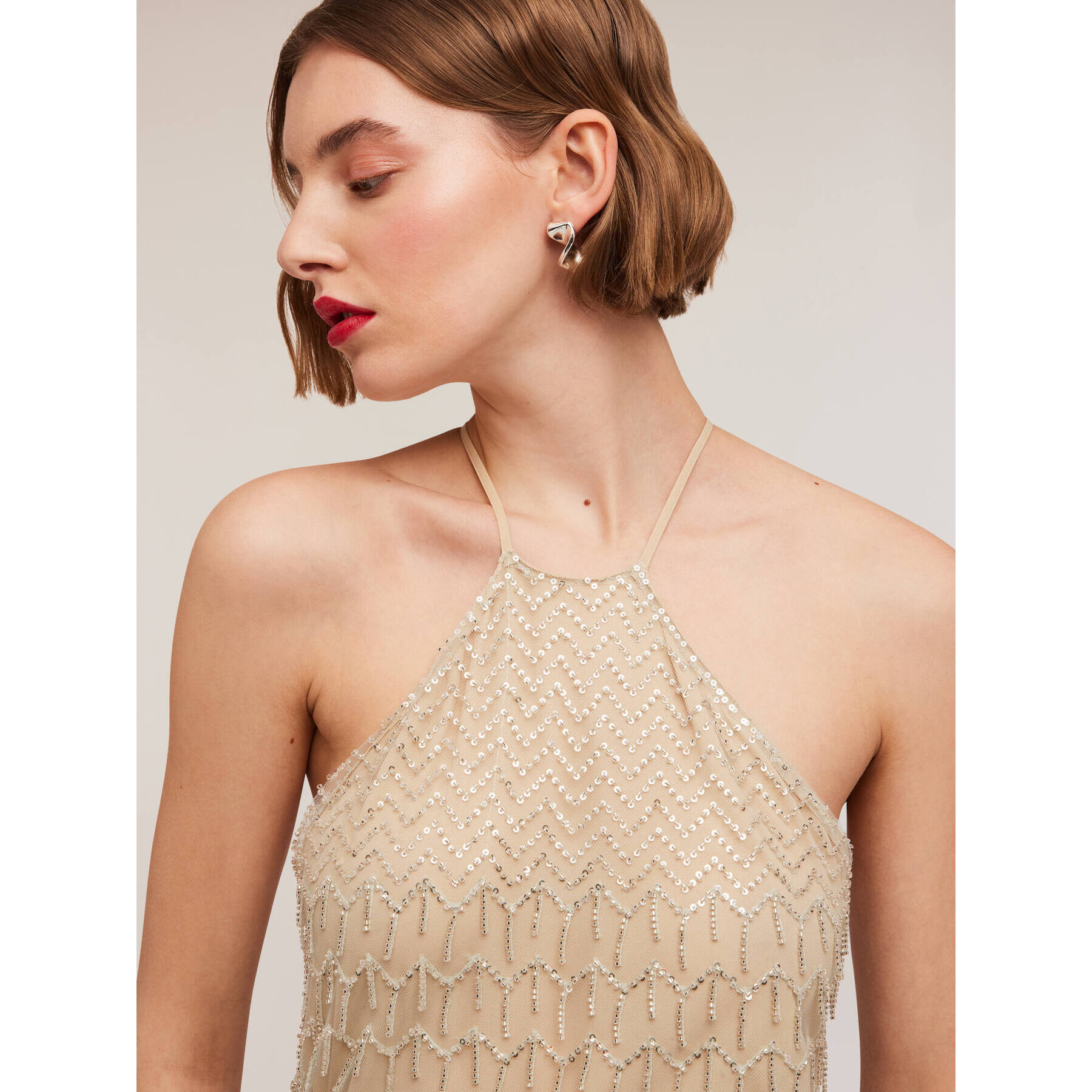 Motivi - Vestido bordado con flecos - Beige