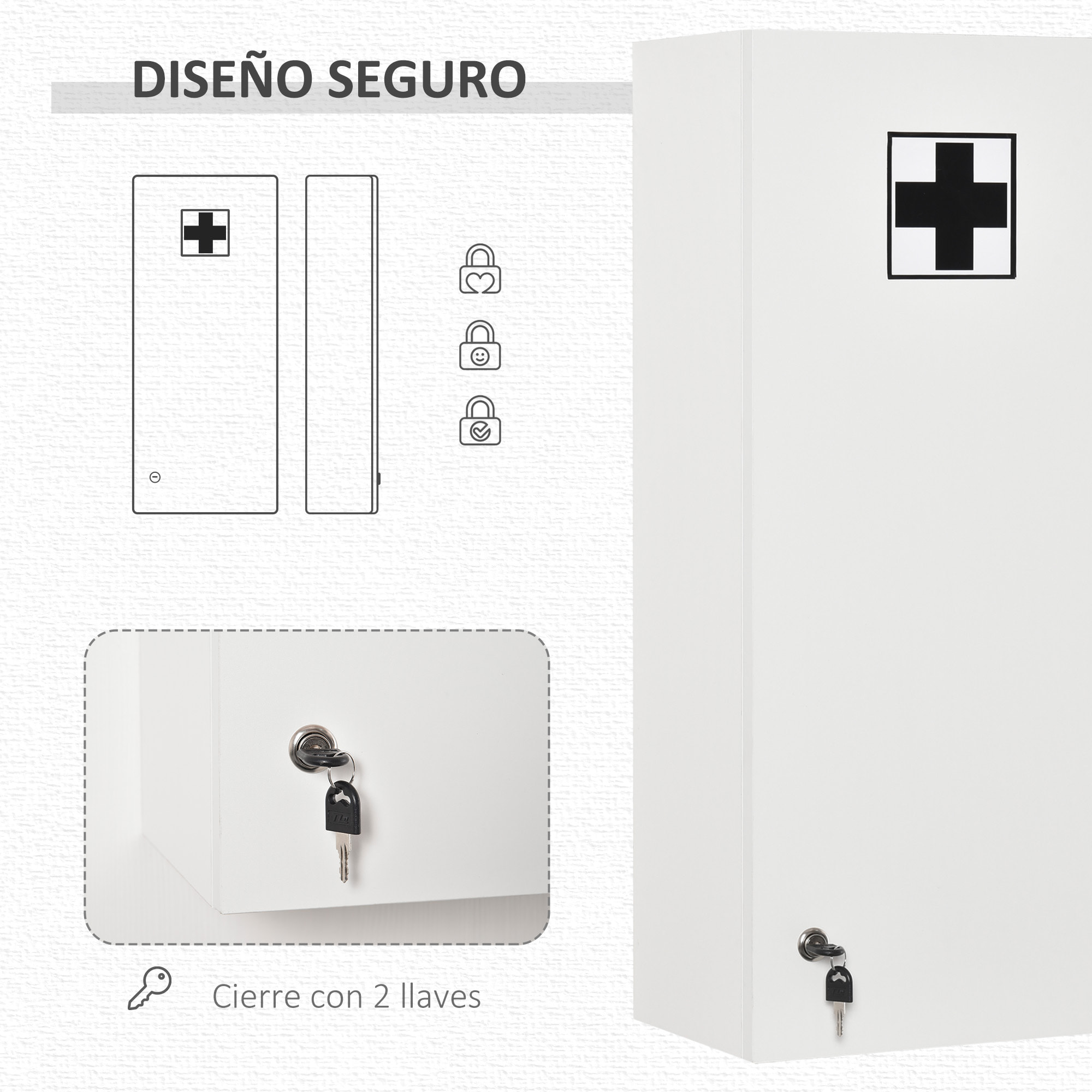 Botiquín de Pared de Primeros Auxilios, Botiquín de Medicinas de 5 Niveles con Estantes Ajustables de Vidrio, Cerradura y 2 Llaves, para Baño, Cocina, 30x20x70 cm, Blanco