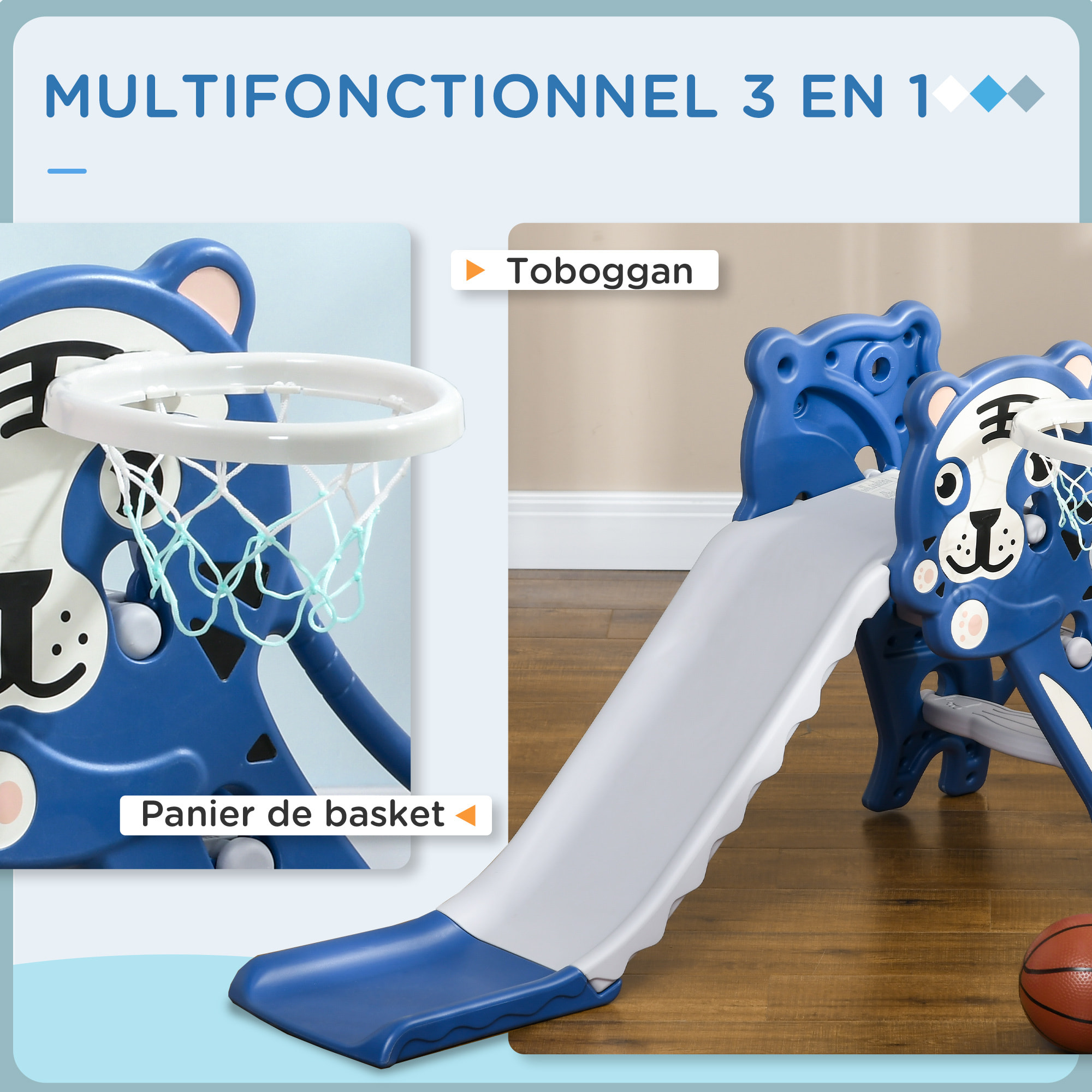 Toboggan enfant panier basket design tigre 18-36 mois usage intérieur - balle, pompe incluses - PE bleu gris