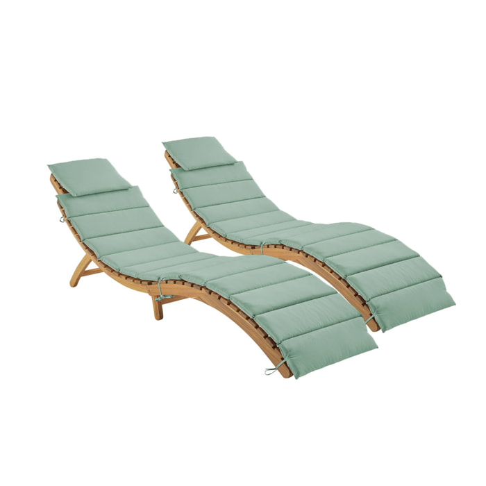 Lot de 2 bains de soleil en bois d'acacia LAURE avec coussin vert de gris en polyester. 184 x 55 x 63.5 cm