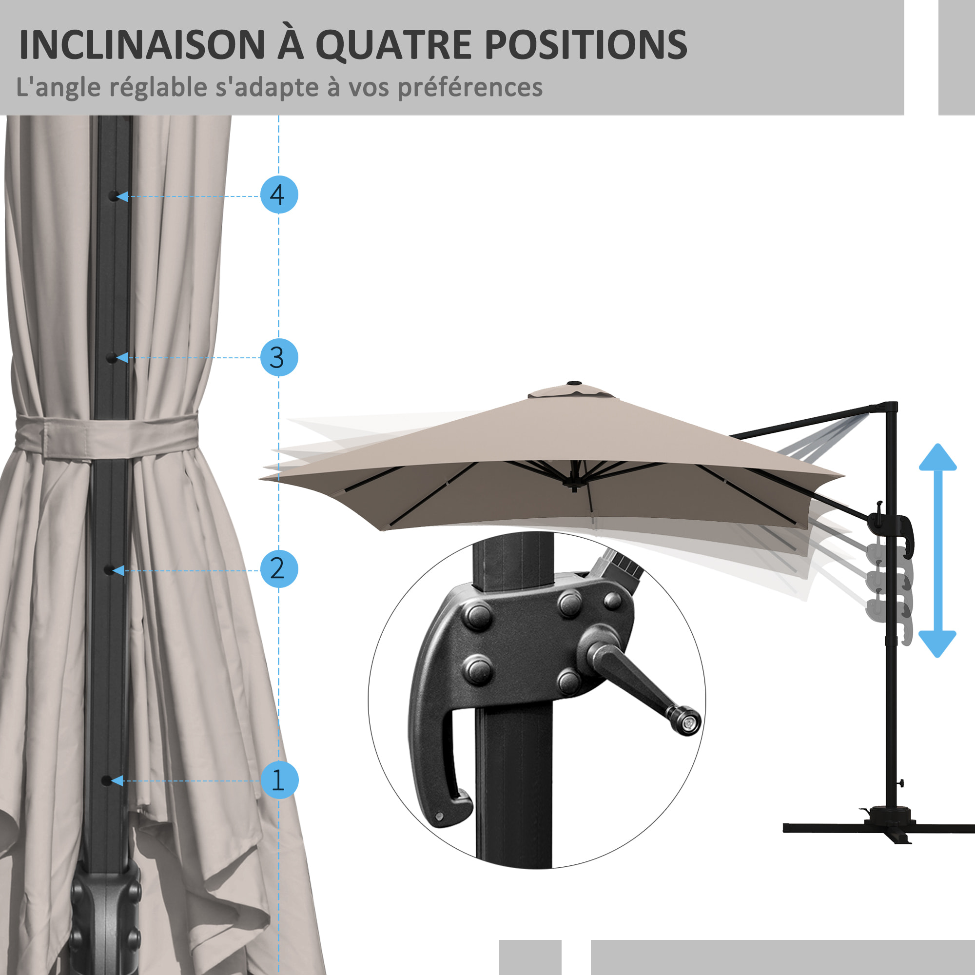 Parasol déporté carré inclinable pivotant 360° manivelle piètement acier dim. 2,95L x 2,95l x 2,66H m taupe