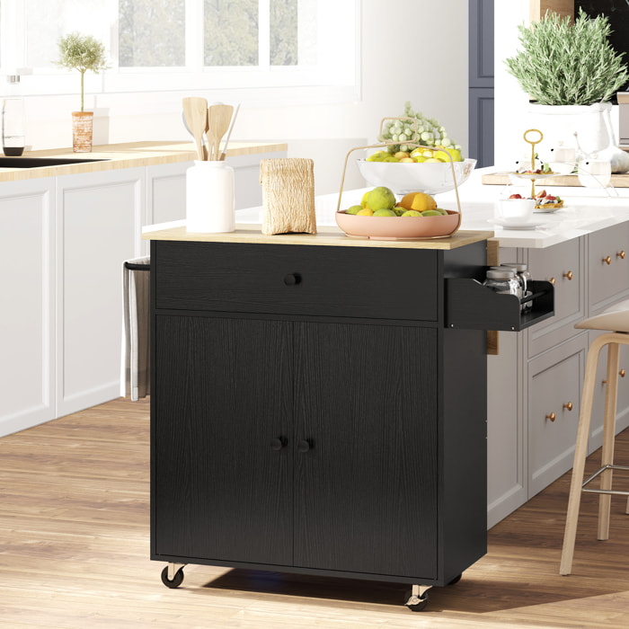 Isla de Cocina con Ala Abatible Carrito de Cocina Mueble Auxiliar de Cocina con Ruedas 2 Puertas Cajón Especiero Toallero y Estante Ajustable 106x42x87 cm Negro y Roble
