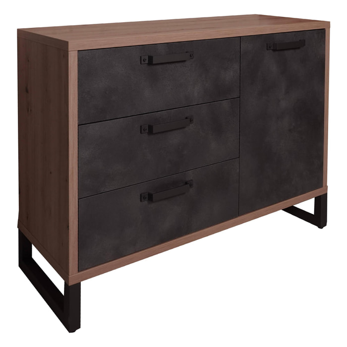 Credenza stile industrial a 1 anta e 3 cassetti, Buffet da cucina, Madia con scaffali e ripiani, Made in Italy, cm 122x45h88, colore Rovere e Antracite