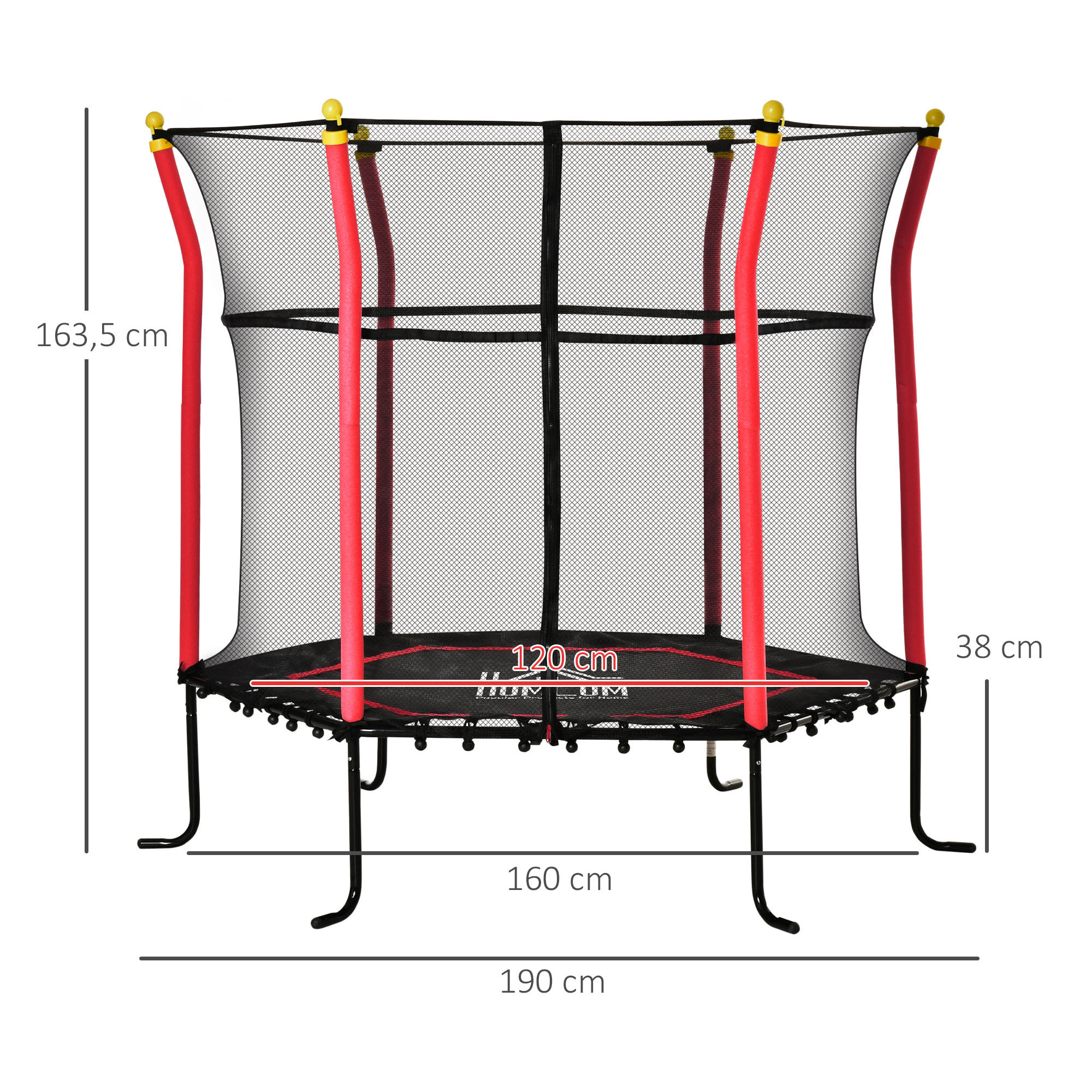 Cama Elástica Infantil de Jardín Trampolín para Niños de +3 Años con Superficie de Salto Ø120 cm Red de Seguridad Acero para Interior Exterior Ø160x163,5 cm Negro y Rojo