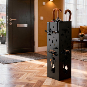 Portaombrelli In Metallo Con Decorazione Gatto Vaschetta Scolapioggia Removibile E 2 Ganci Laterali Base Antiscivolo Quadrato 49 x 15.5 x 15.5 Cm Nero