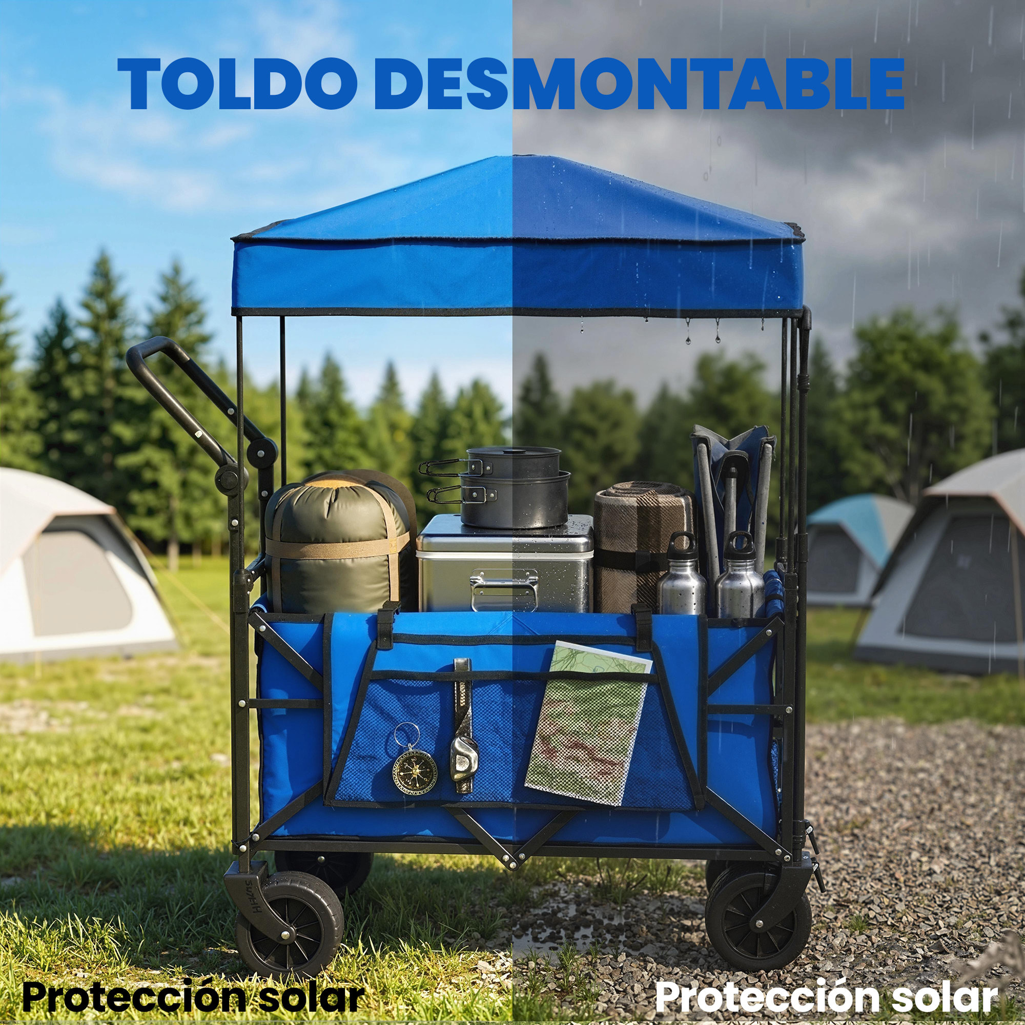 Carro Playa con Ruedas Grandes con Freno, Techo Extraíble, Carro Plegable para Jardín con Barra Ajustable, Portavasos y Bolsillos, Carga 100 kg, para Todo Terreno, Campaña, Compras, Azul