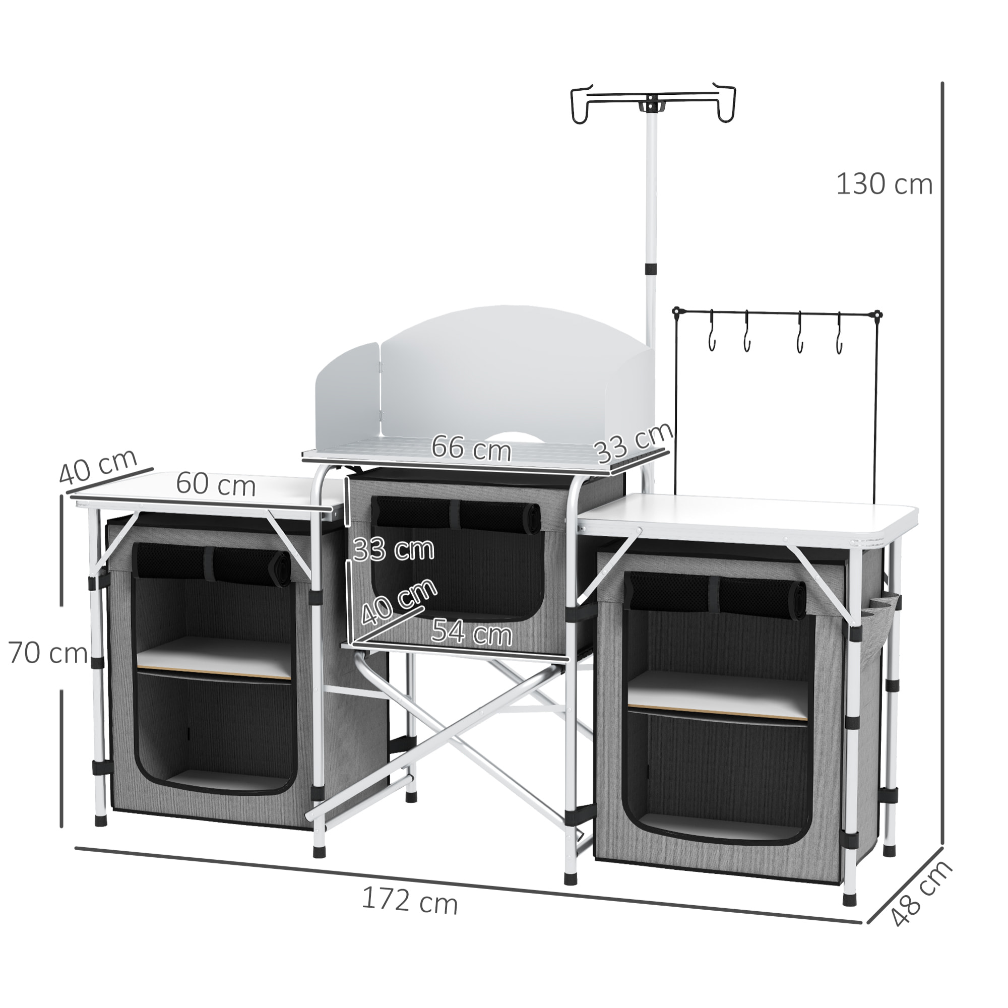 Mueble Cocina Camping Armario Camping Plegable con Mesas Armarios Ganchos Estructura de Aluminio Poste de Luz Ajustable Paravientos y Bolsa de Transporte para Acampada 172x48x130 cm Gris
