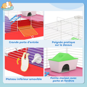 Cage rongeur hamster 2 niveaux cabane roue échelle biberon mangeoire 47 x 30 x 27 cm blanc rouge
