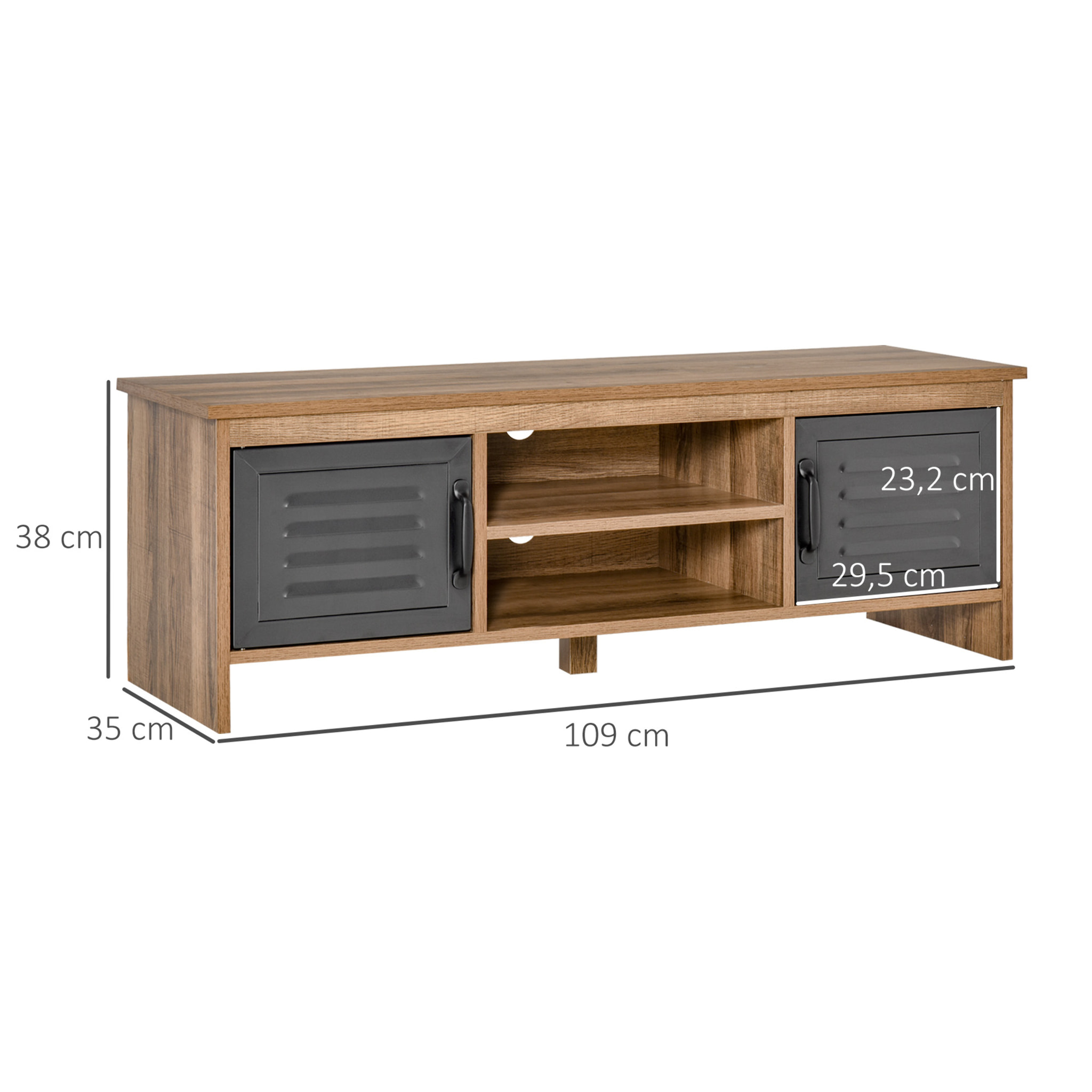 Mueble de TV para Televisores de 42" con 2 Compartimentos Cerrados con Puertas de Metal y 2 Estantes Abiertos Mueble de salón moderno Mesa para televisor 109x35x38 cm Madera Natural y Gris