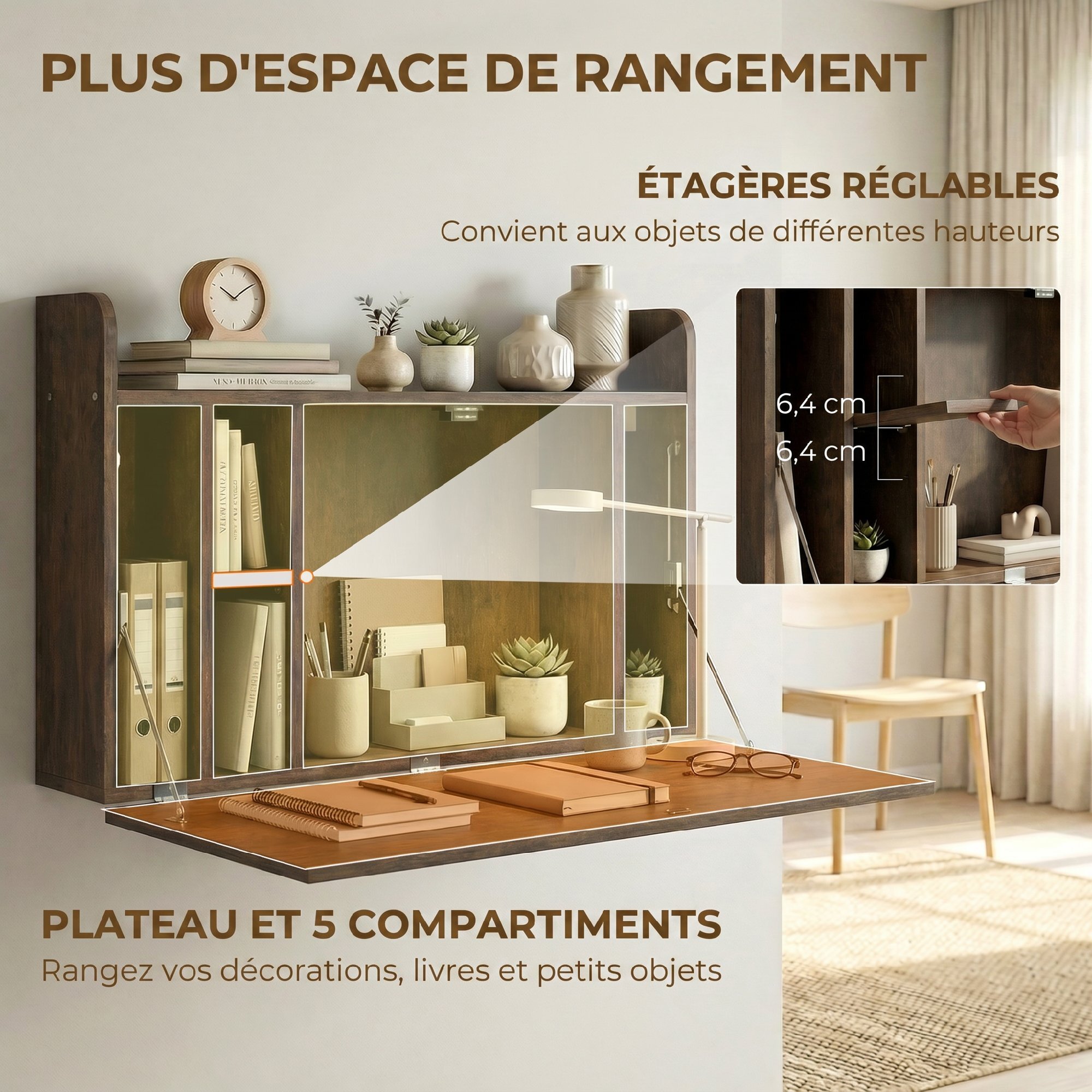 Bureau mural pliable - table murale rabattable - 5 niches, étagère - effet bois vieilli