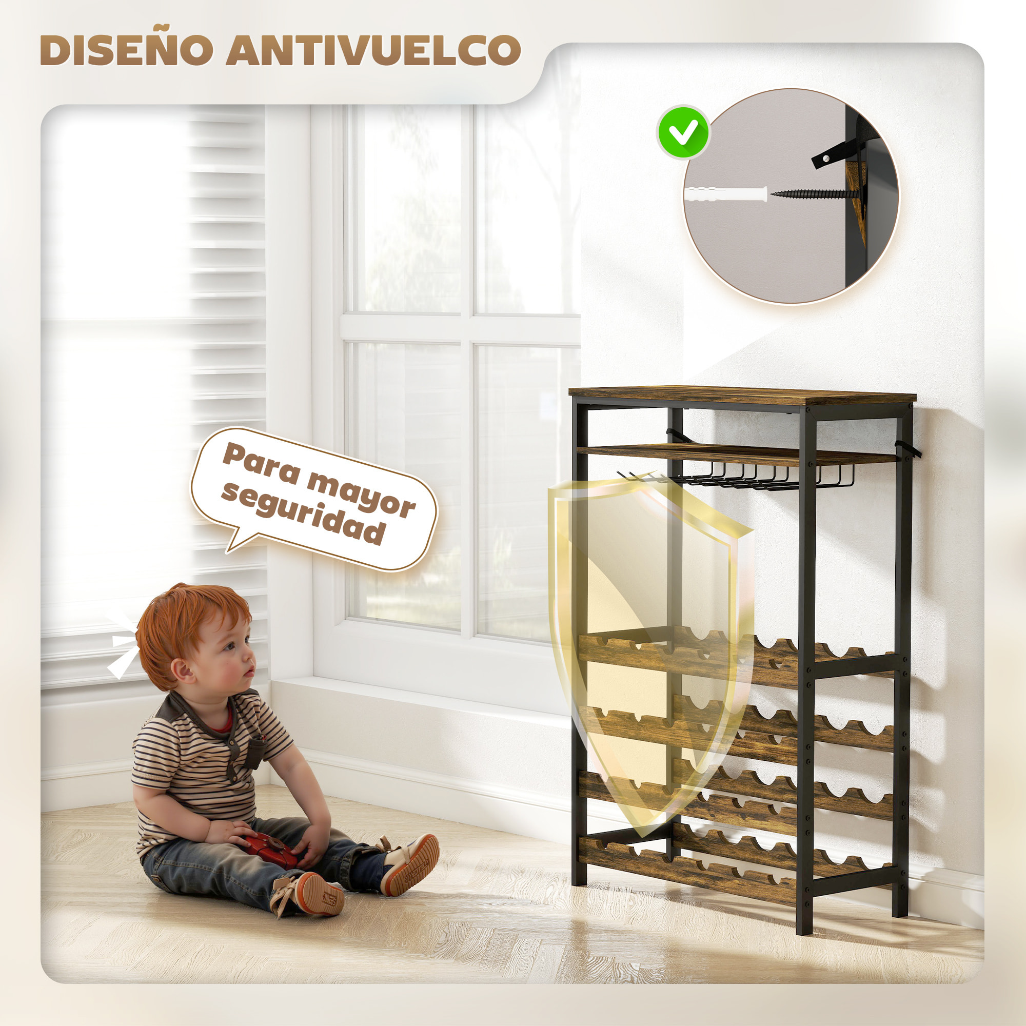 Botellero Vino para 24 Botellas Botellero Industrial con Soporte para Copas y Estante Abierto para Salón Comedor 66x30x100,3 cm Marrón Rústico