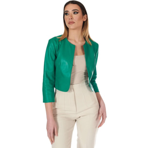 Giacca corta bolero in pelle verde smeraldo girocollo