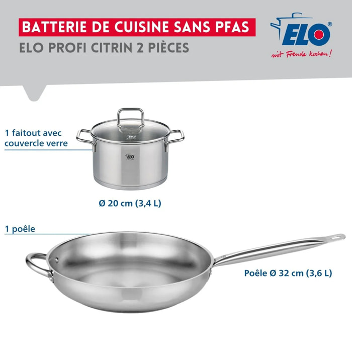 Ensemble de 1 Poêle de cuisson 32 cm et 1 faitout 20 cm Elo Profi Citrin