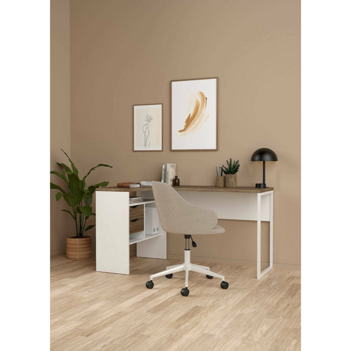 Scrivania Moire, Scrittoio multiuso, Tavolo per ufficio porta PC, Piano di lavoro, 145x81 h77 cm, Bianco e Noce