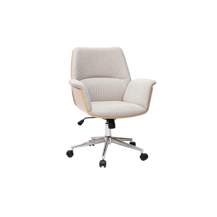 Chaise de bureau à roulettes en tissu effet velours texturé beige, bois clair et métal chromé HELIOS