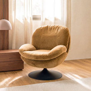 Fauteuil pivotant en tissu effet velours jaune moutarde - Ricci